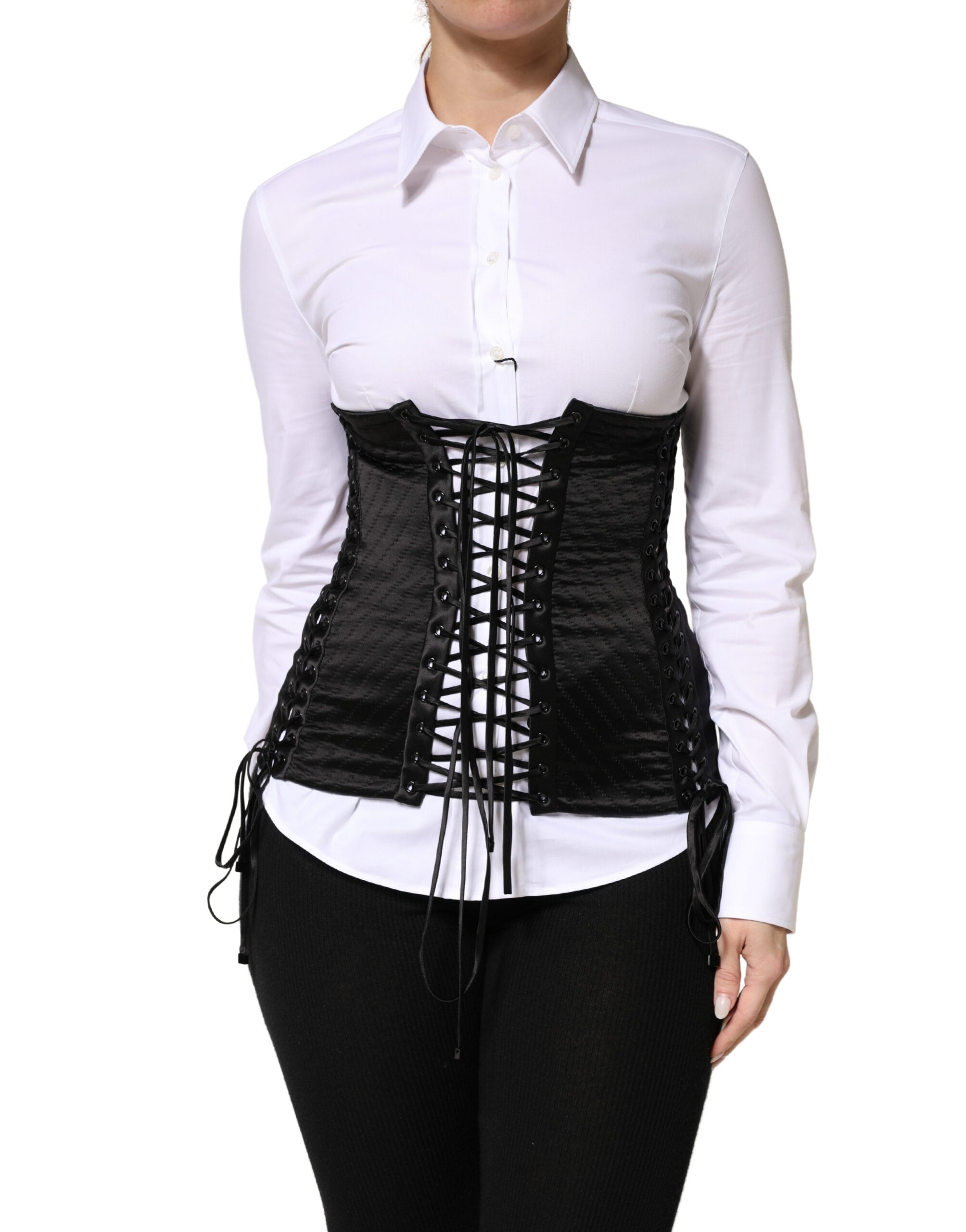 Dolce & Gabbana Black Silk Lace-Up Waist Cincher Corset Top