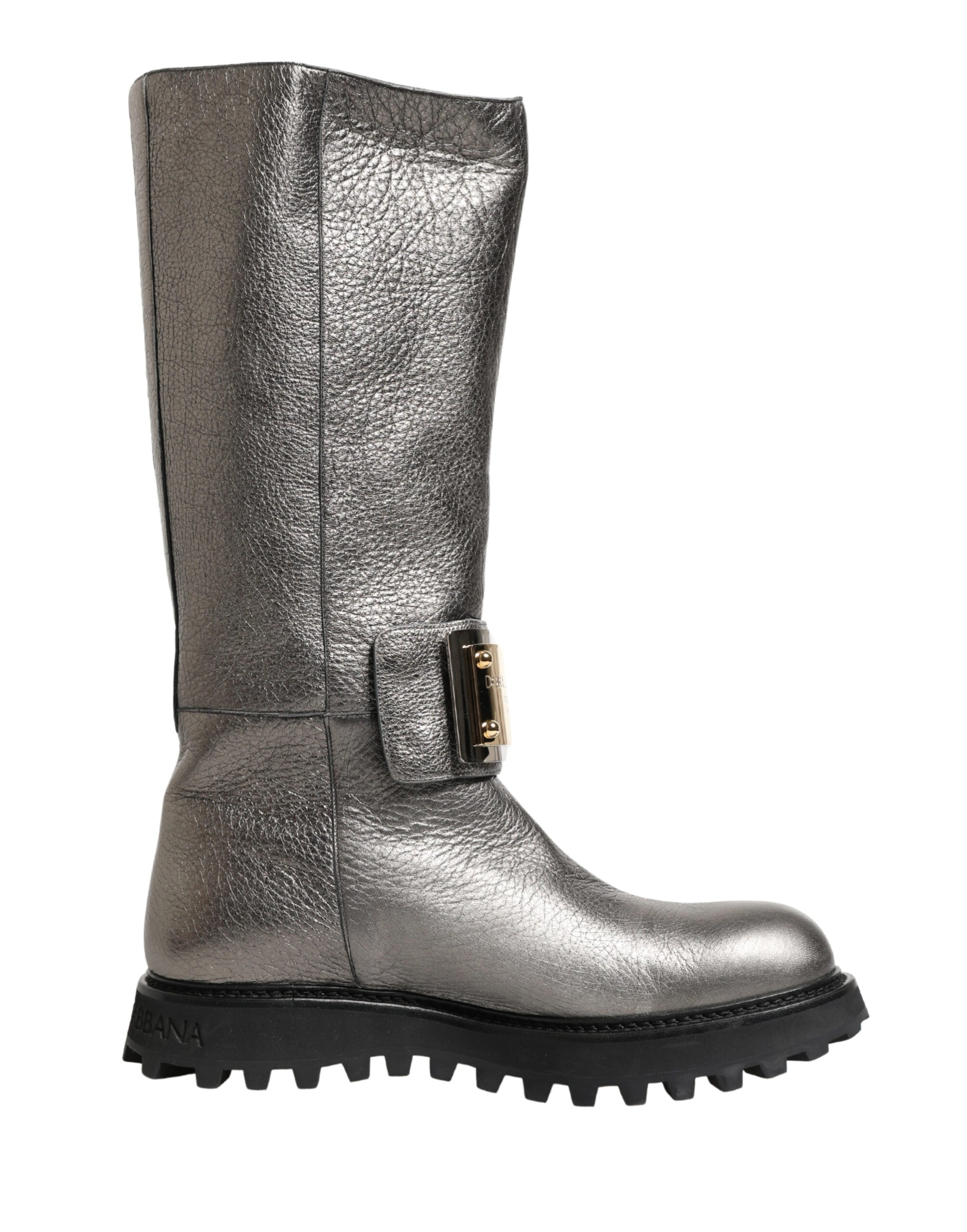 Dolce & Gabbana Metallic Silver Leather Mid Calf Boots Shoes