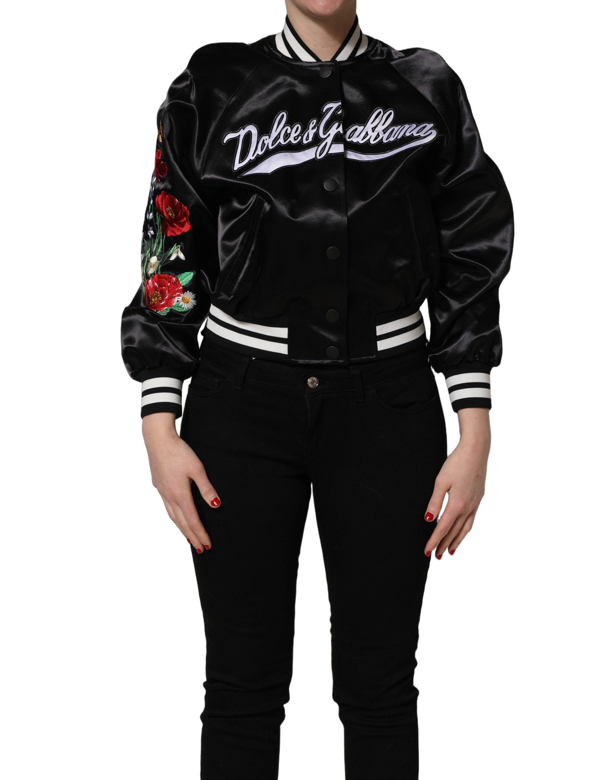 Dolce & Gabbana Black Satin Floral Embroidery Bomber Jacket