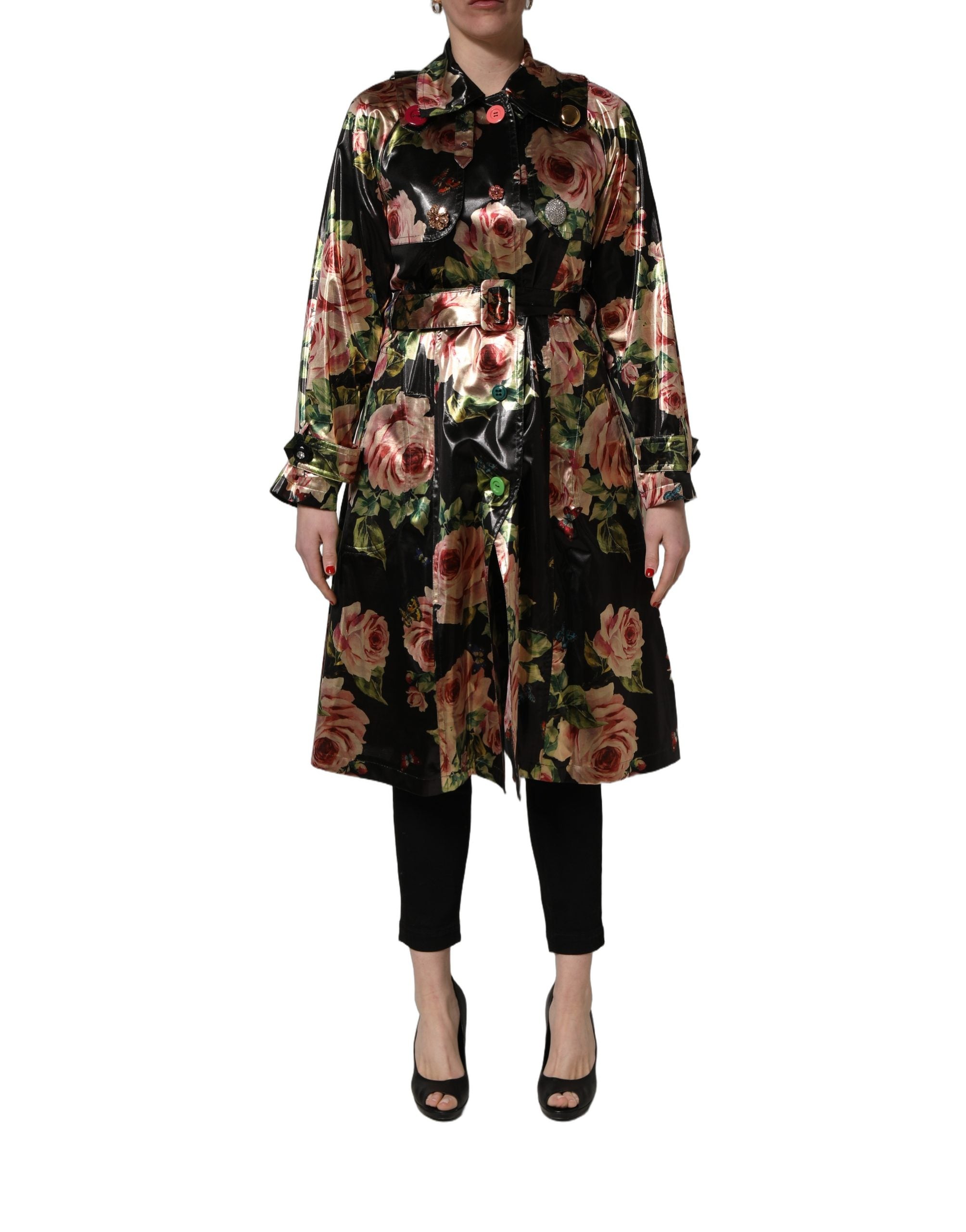 Dolce & Gabbana Black Floral Belted Polyester Trench Coat Jacket