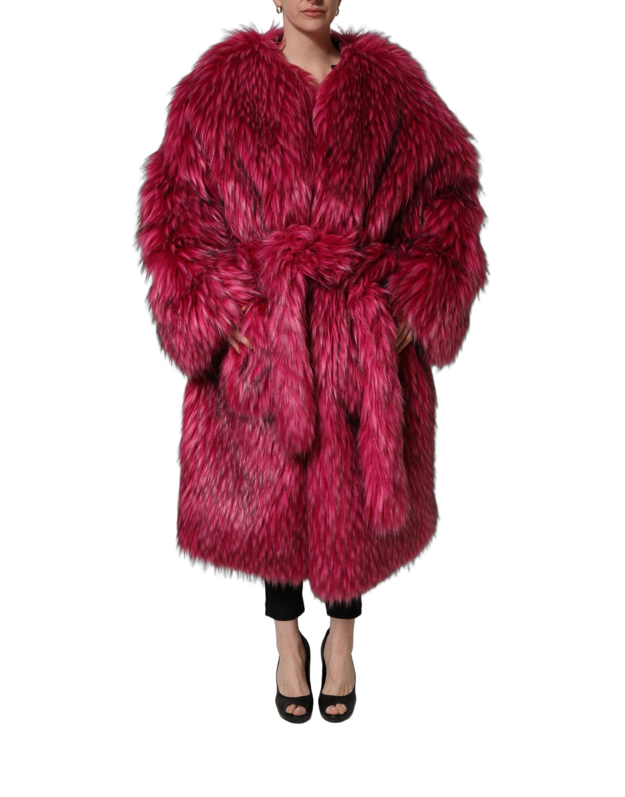 Dolce & Gabbana Fuchsia Belted Faux-Fur Trench Coat Jacket