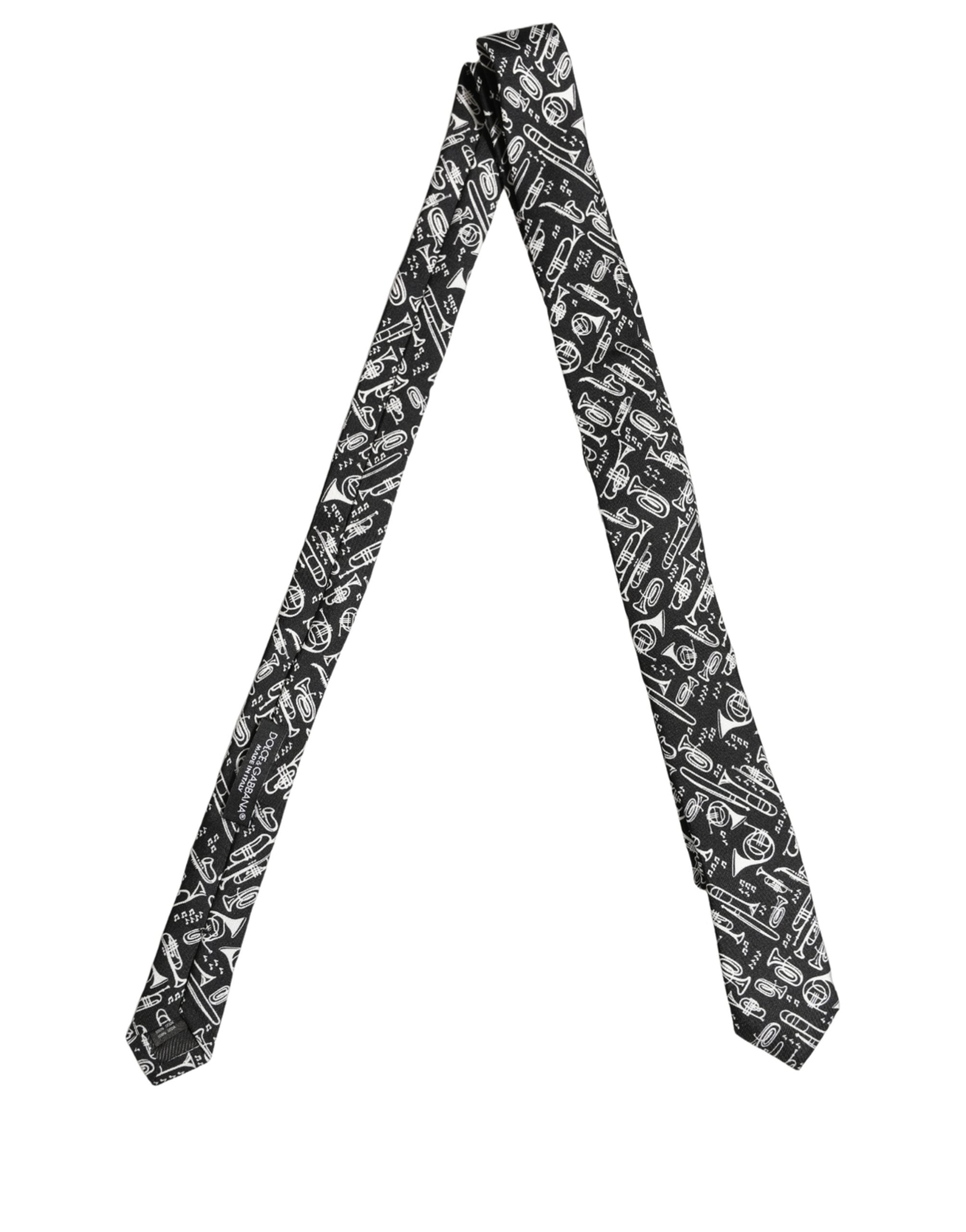Dolce & Gabbana Black Musical Instrument Silk Adjustable Tied Necktie Tie