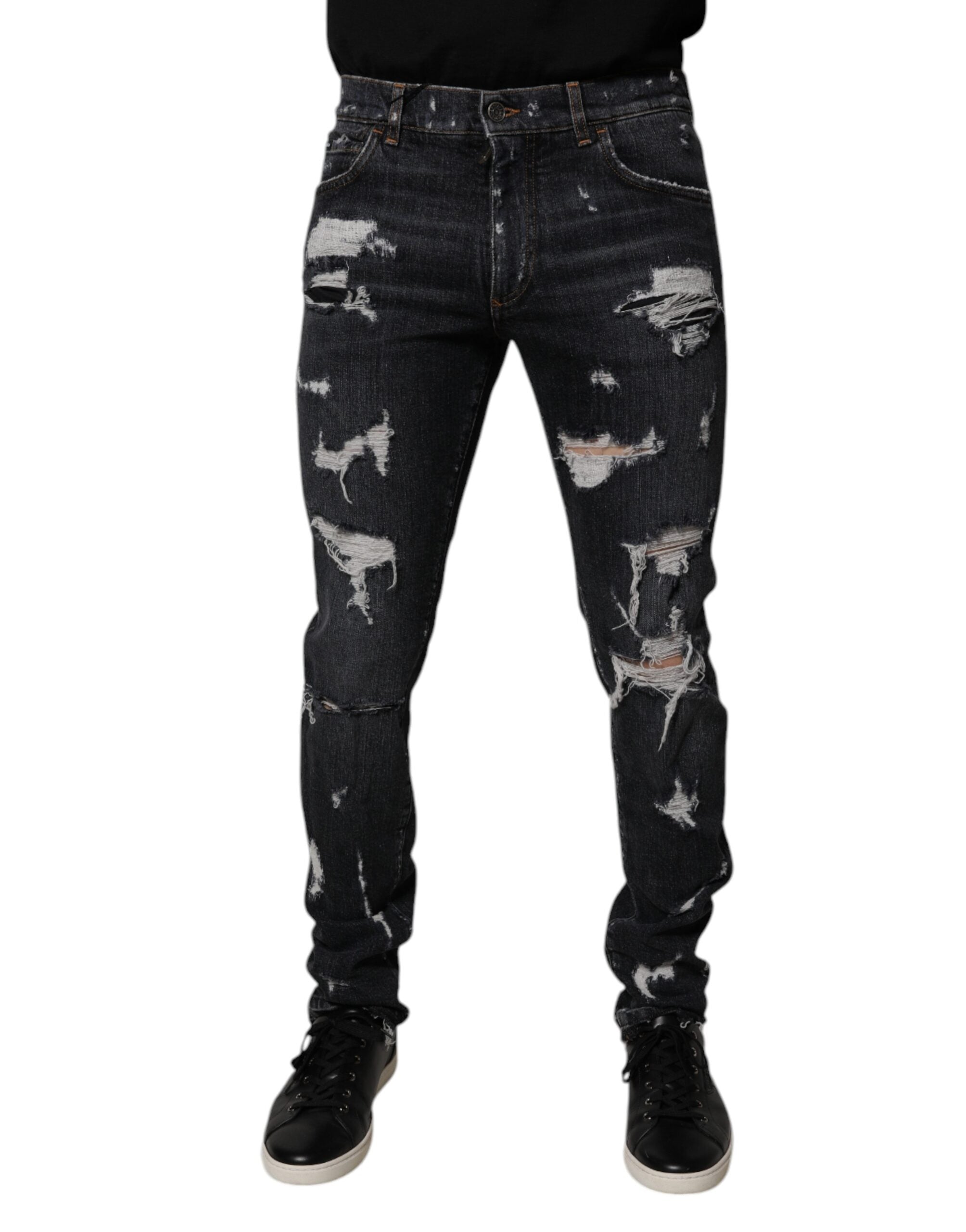 Dolce & Gabbana Black Tattered Cotton Skinny Men Denim Jeans