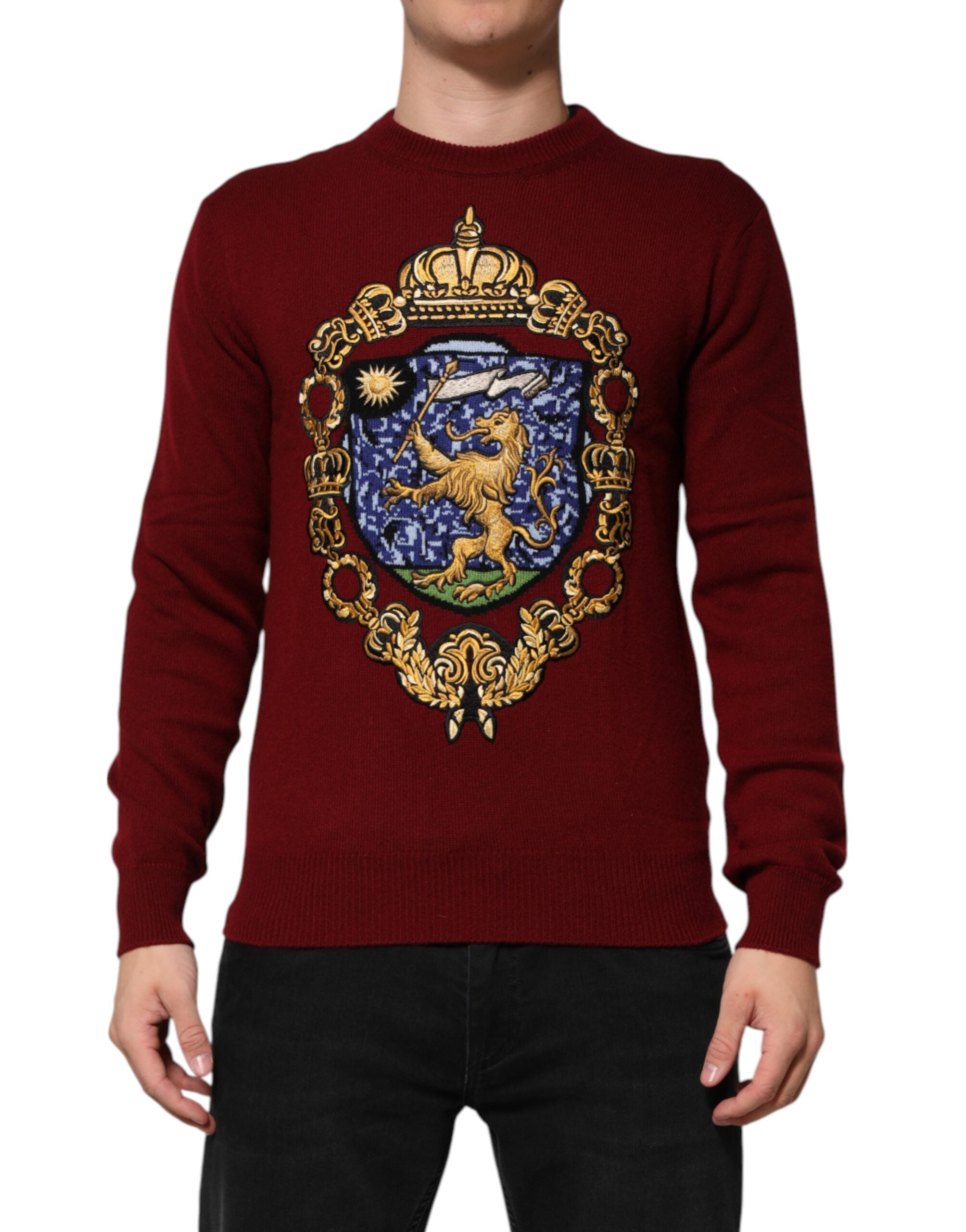 Dolce & Gabbana Burgundy Cashmere Lion Crest Pullover Sweater