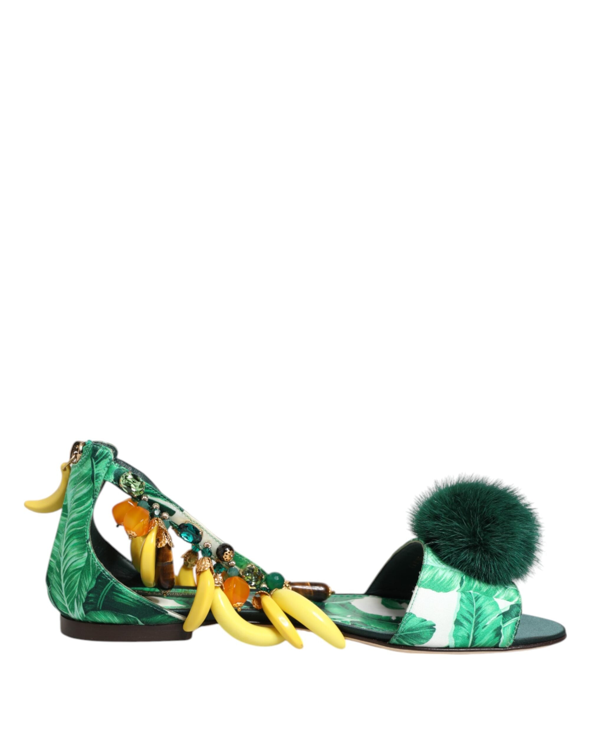 Dolce & Gabbana Green Mink Fur Satin Banana Leaf Sandals Shoes