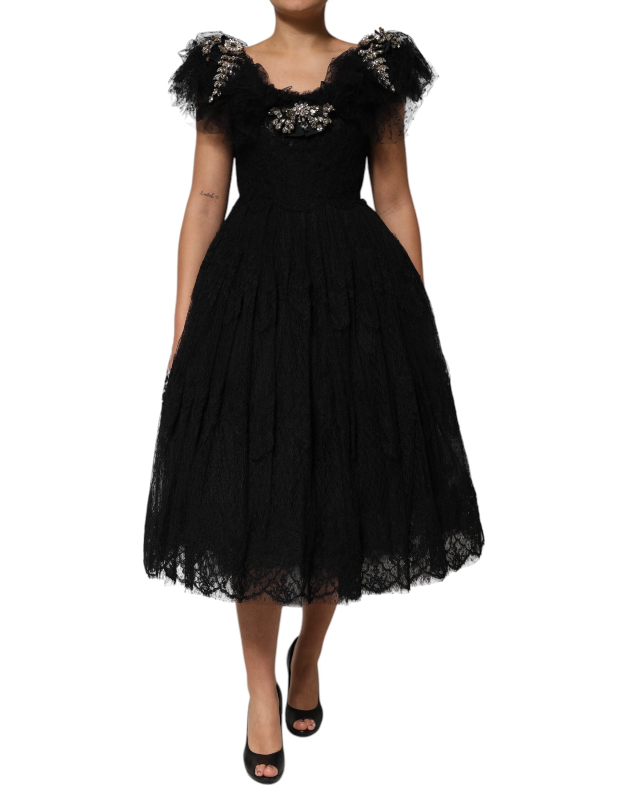 Dolce & Gabbana Black Crystal Embellished Midi A-line Dress