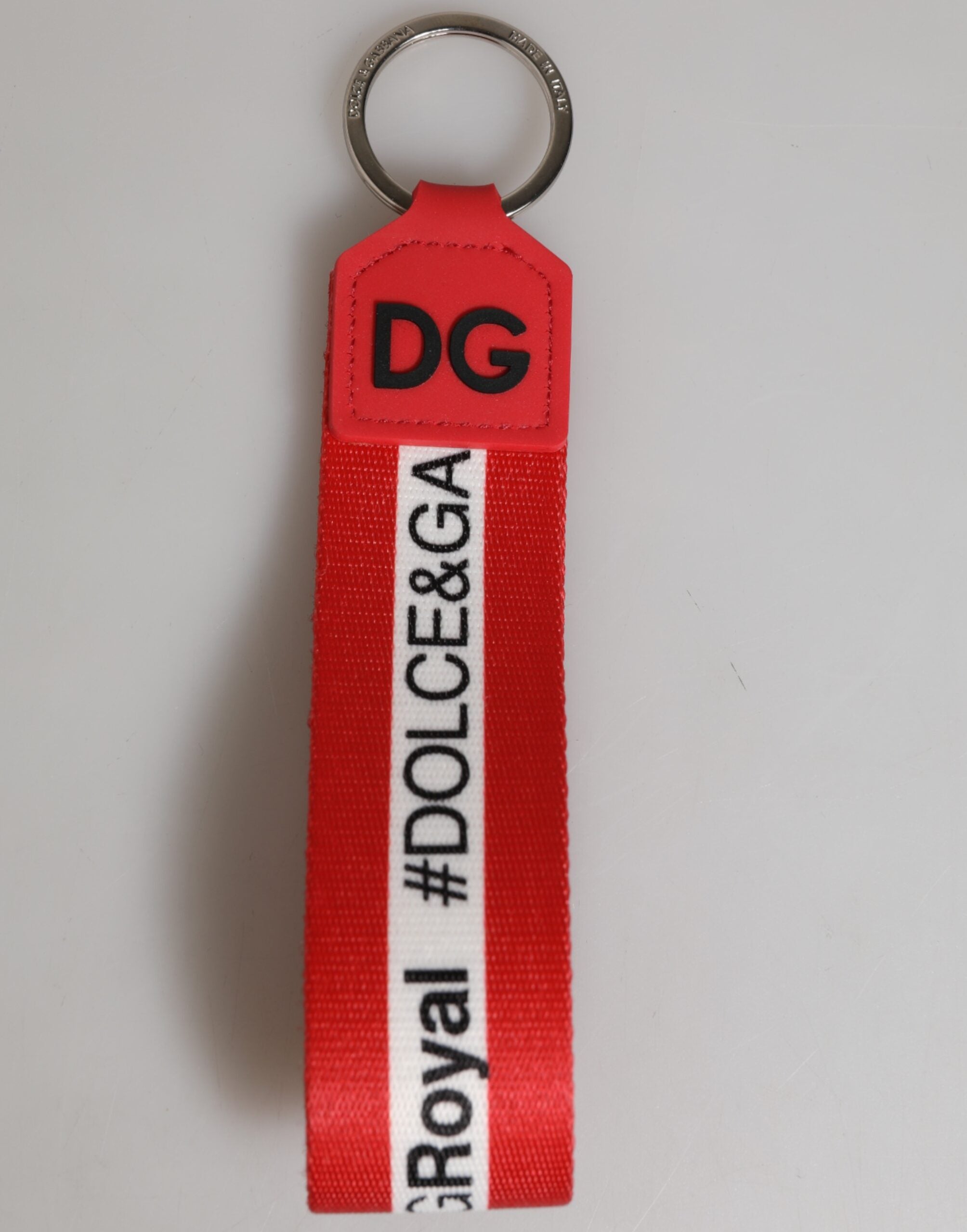 Dolce & Gabbana Red Logo Polyester Silver Brass Holder Keychain Men Keyring