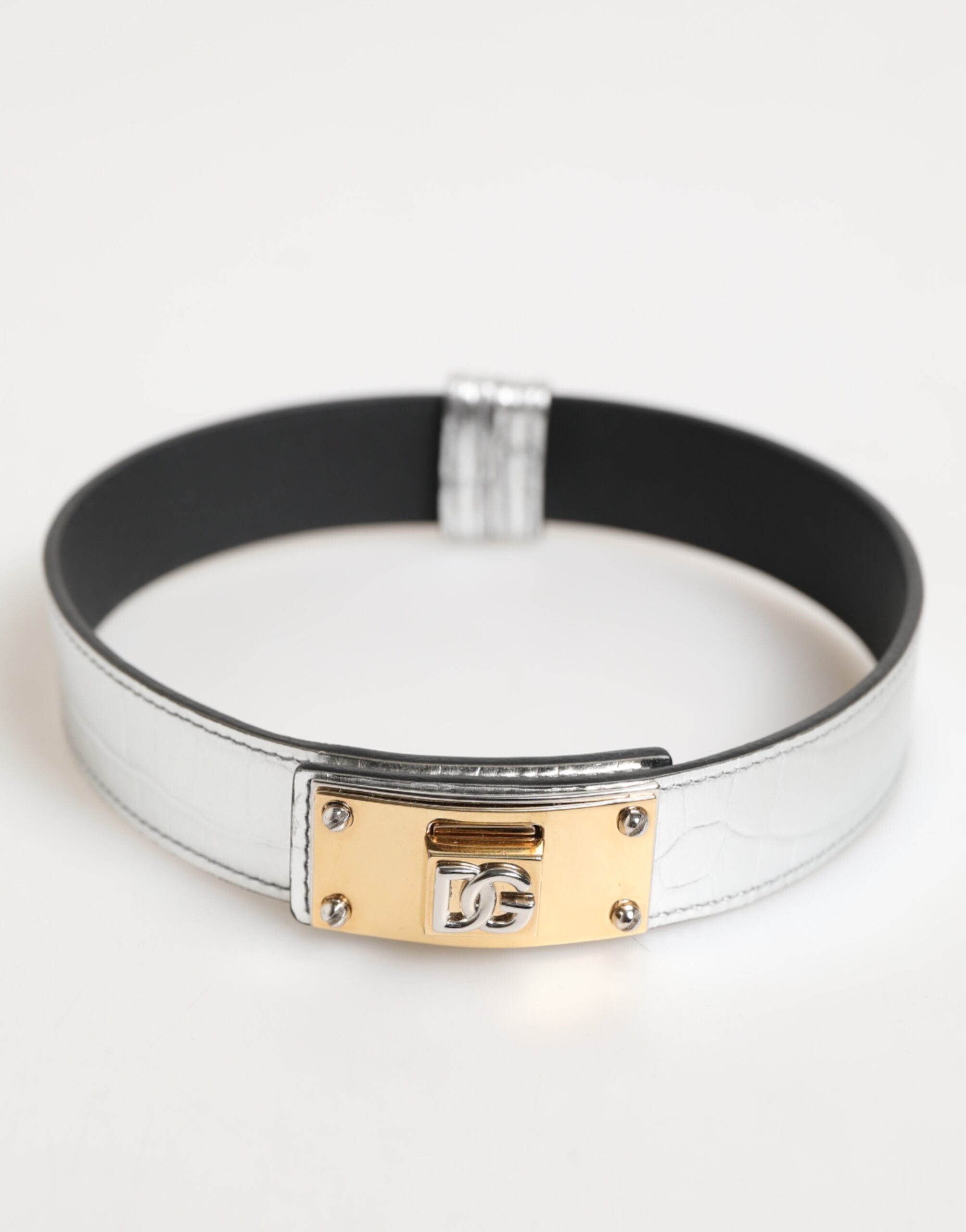Dolce & Gabbana Silver Textured Leather Gold Tone Metal Neckband