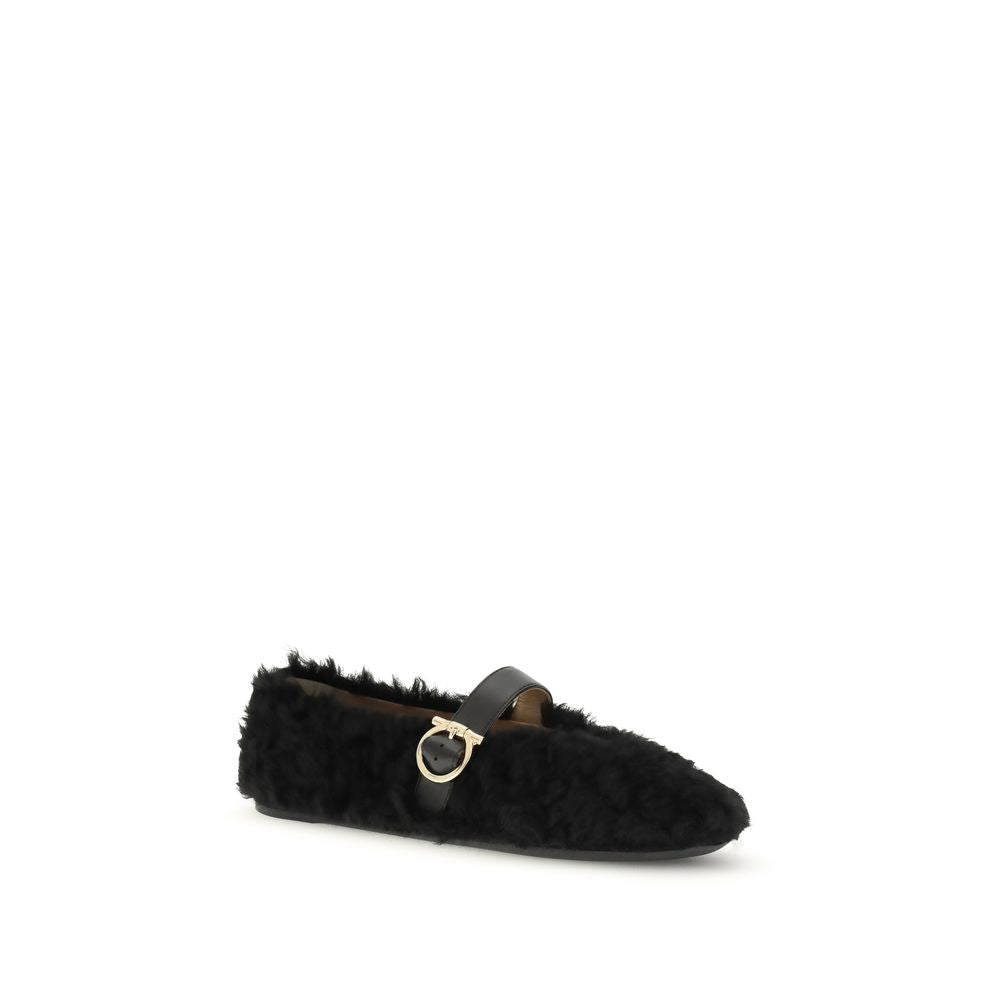 Ferragamo Black Fur Ballet Flats