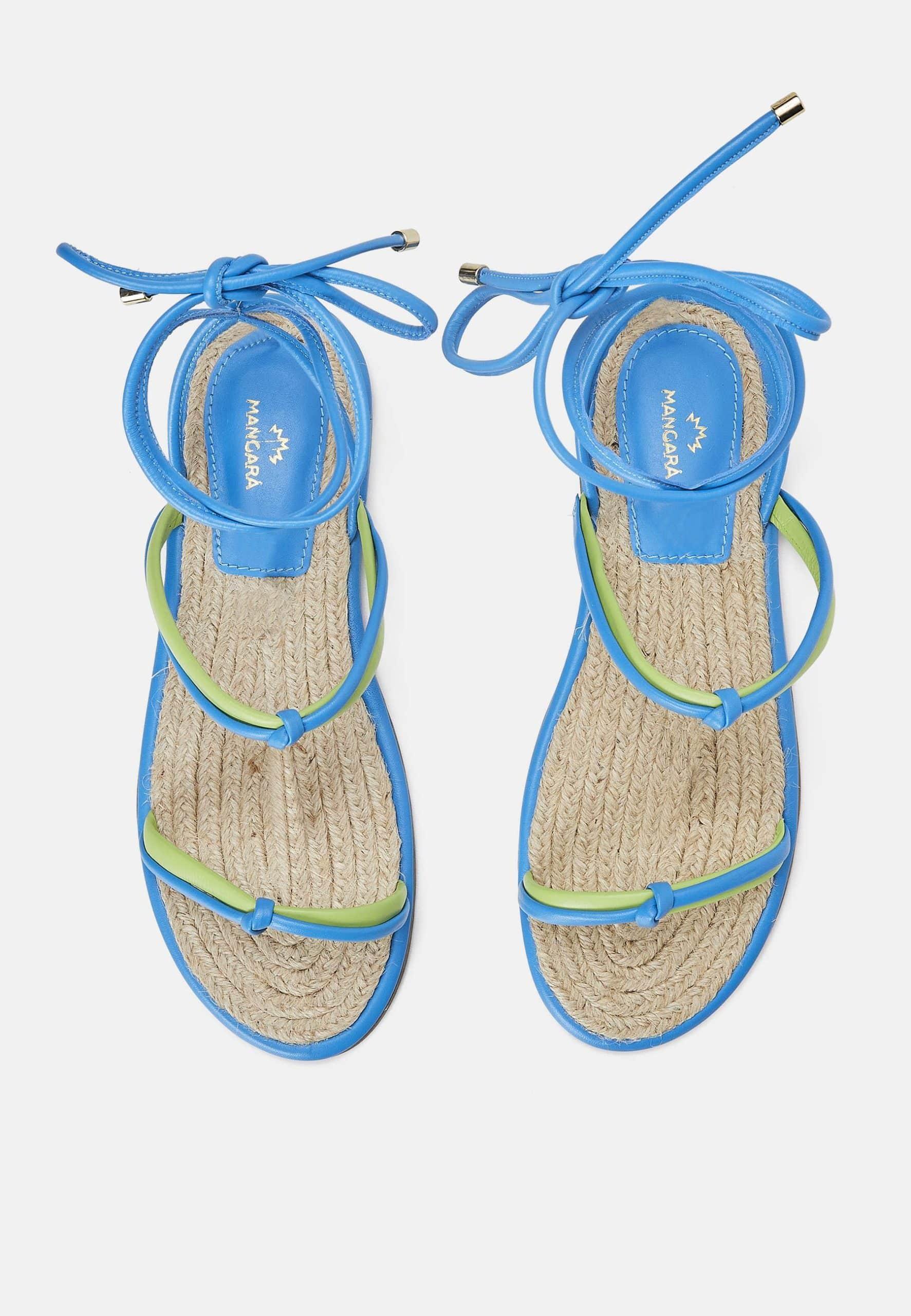 Mangará Atelier Blue Leather Lace-Up Sandals – Handcrafted With Natural Raffia Insole